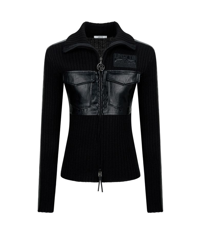 Fabric Mix Neck Zip Up_[Black]