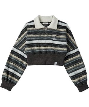 [ WOMAN ] KNIT STRIPE HALF ZIP-UP