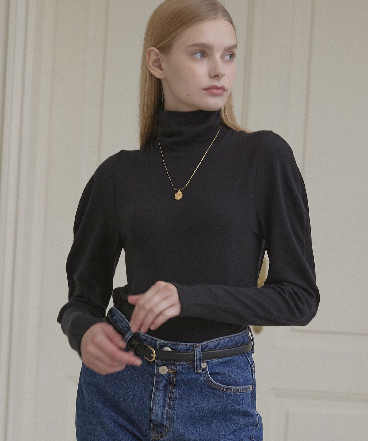 논로컬(NONLOCAL) Wool Tencel Volume Sleeve Turtleneck - Black