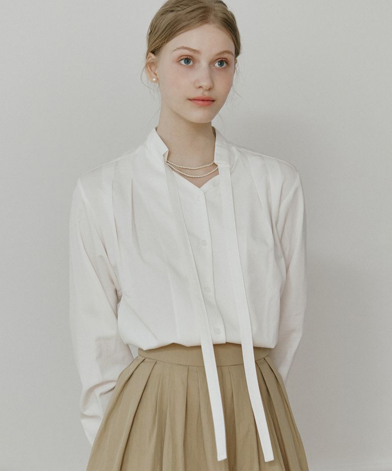 Bow Tie Pintuck Blouse - Ivory