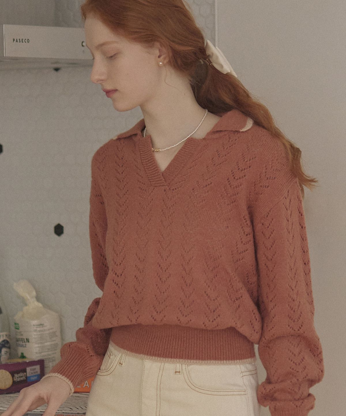 논로컬(NONLOCAL) Mohair Collar Knit Pullover - Light Brick