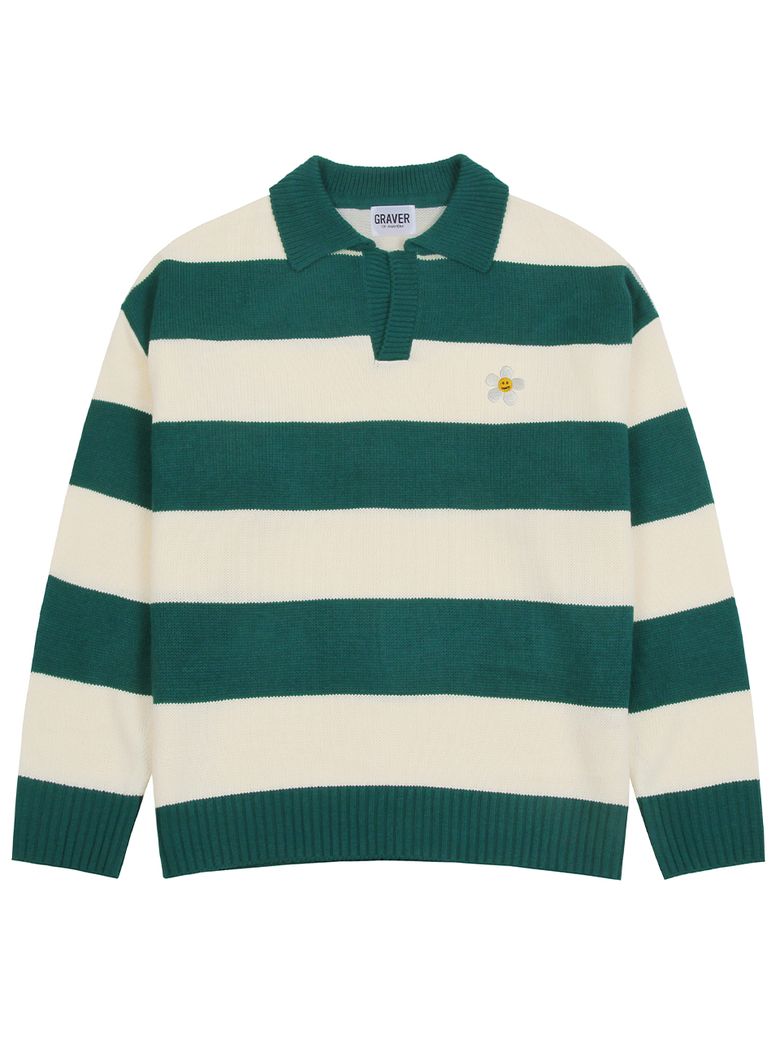 [UNISEX]플라워도트 자수 스트라이프 카라 니트_그린