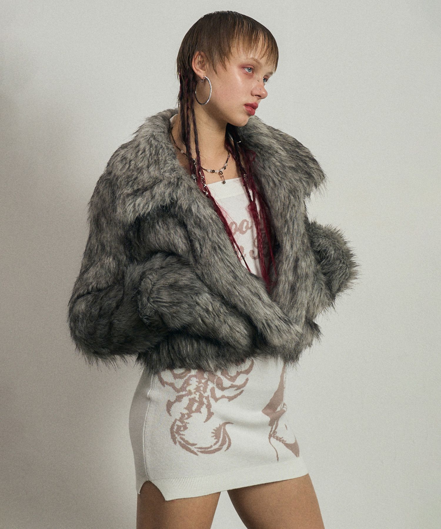MUSINSA | BADEE Flecked Ash Fur Jacket Gray