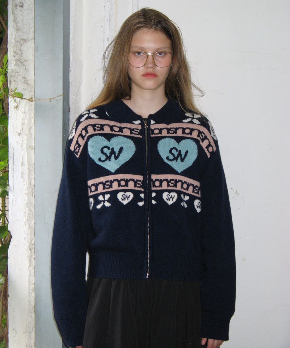 MUSINSA | SINOON HEART LOGO KNIT ZIP-UP (NAVY)