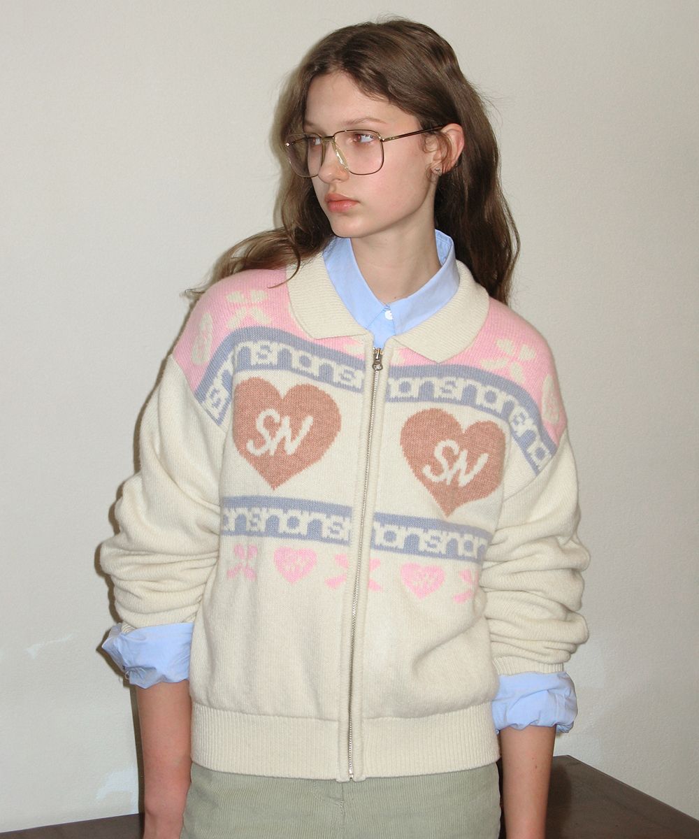MUSINSA | SINOON HEART LOGO KNIT ZIP-UP (IVORY)