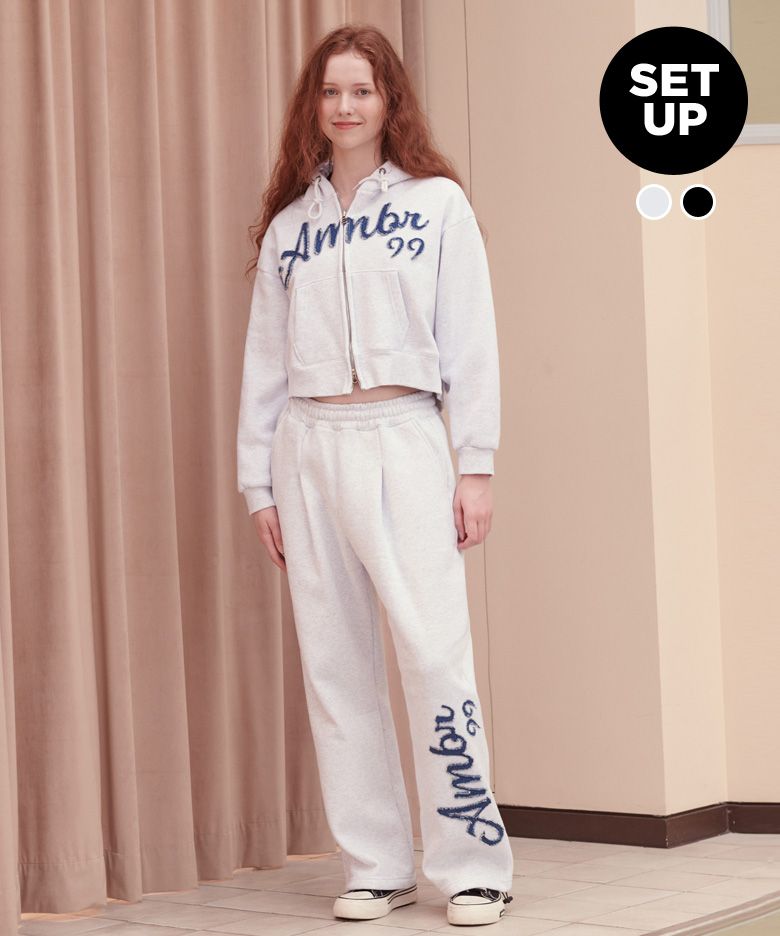 [패키지 세트] Denim AMBLER 오버핏 기모 크롭 후드 집업 자켓 투웨이 팬츠 트레이닝 셋업 (2color)