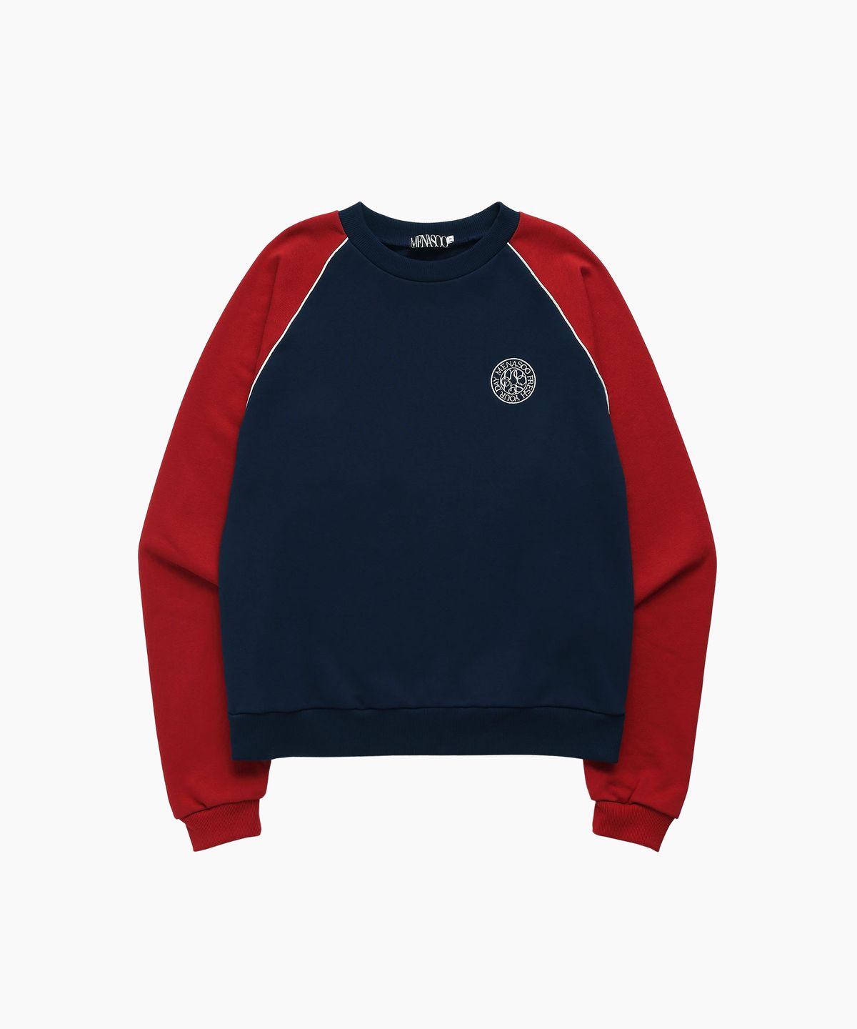 미나수(MENASOO) CIRCLE LETTERING REGLAN SWEATSHIRT_NAVY