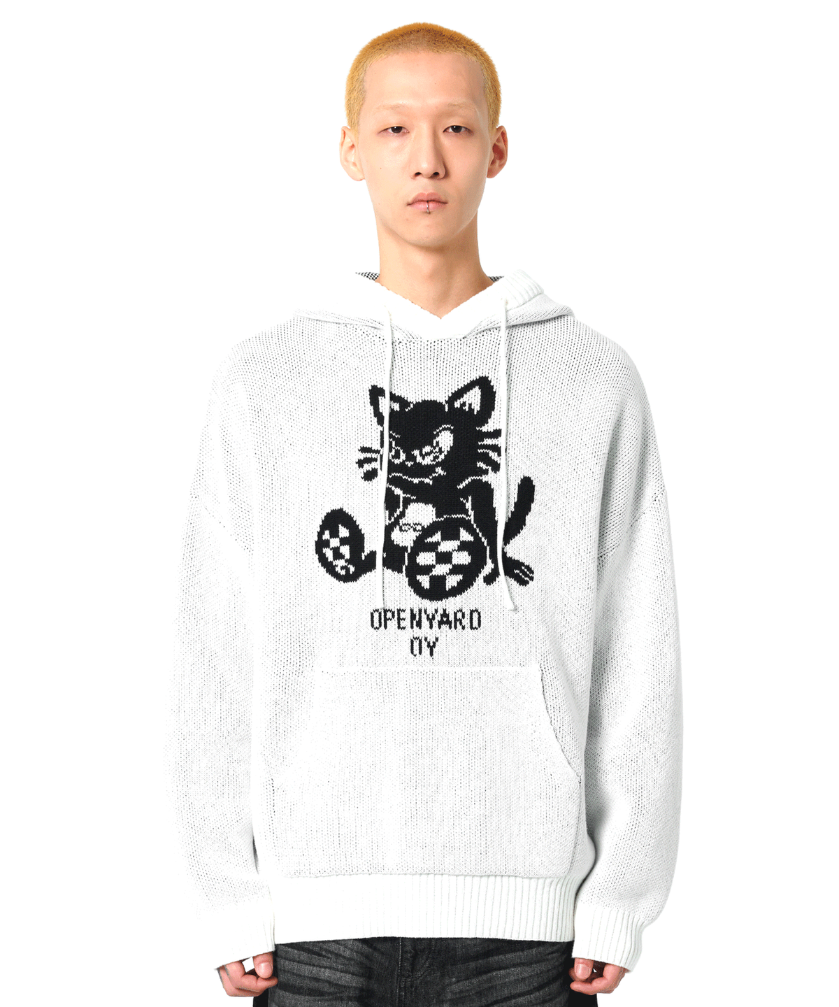 오픈야드(오와이)(OPENYARD(OY)) BLACK CAT KNIT HOODIE-WHITE