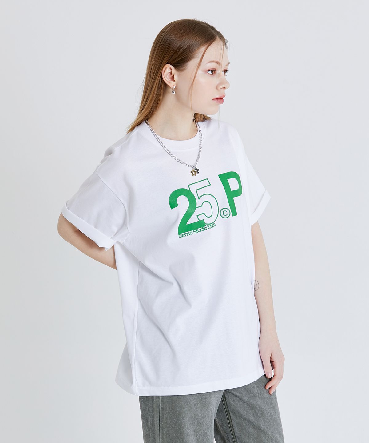 이십오퍼센테이지(25PERCENTAGE) 25P 센스 로고 실켓 쿨 코튼 반팔 티셔츠 25PU3MTS07GN