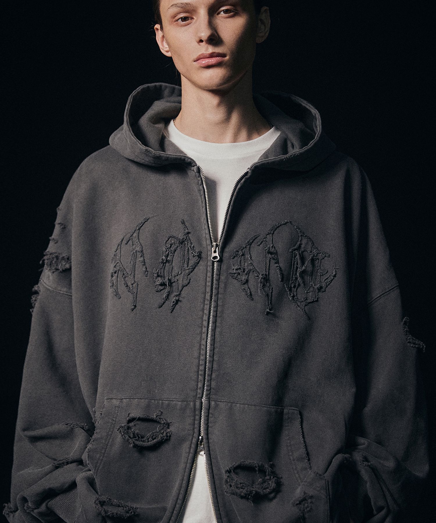 韓国発!【NOT4NERD】N4ND Trident Logo Pigment Hood Zip Up DESTROYED N4ND THUNDER LOGO PIGMENT HOOD ZIP UP – ALAND USA