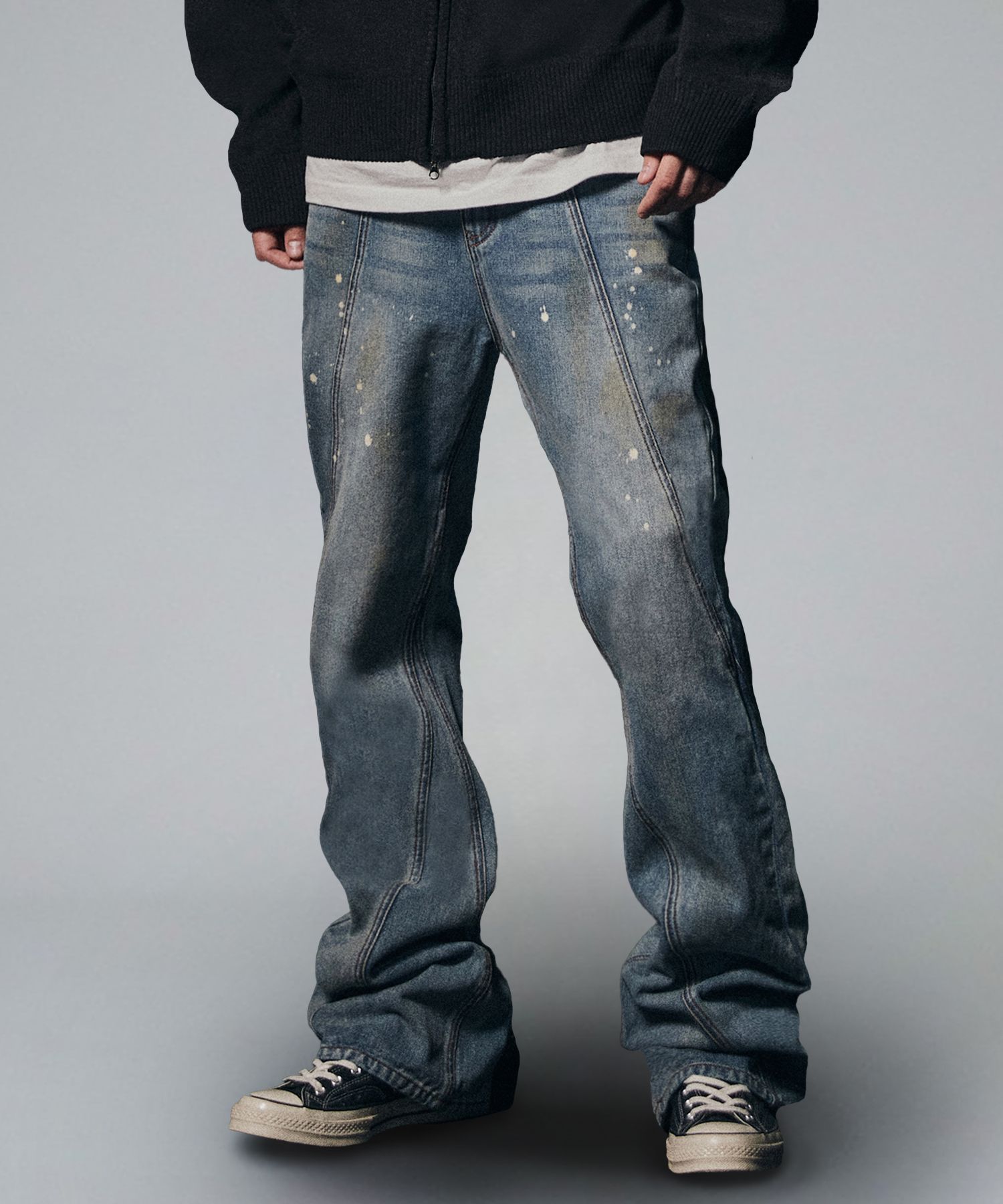 MUSINSA | NOT4NERD Curved Dirty Wash Bootscut Denim Pants - Deep Blue