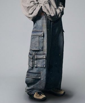 Dirty Wash Multi Cargo Denim Pants - Deep Blue