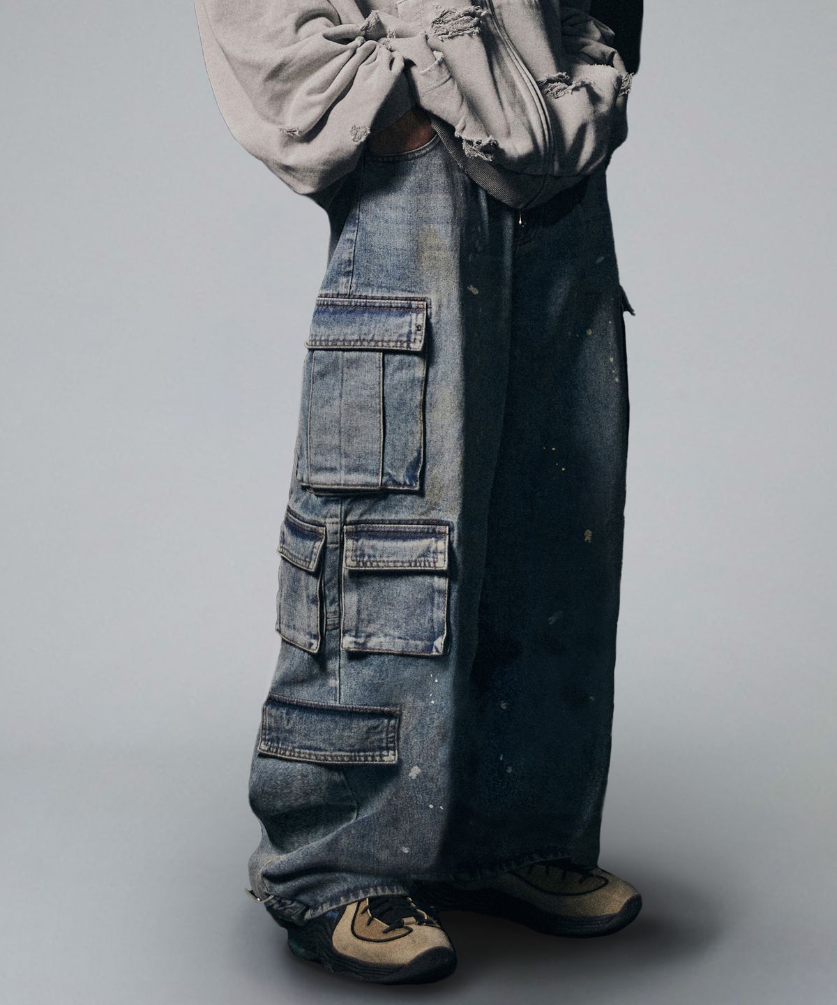 낫포너드(NOT4NERD) Dirty Wash Multi Cargo Denim Pants - Deep Blue