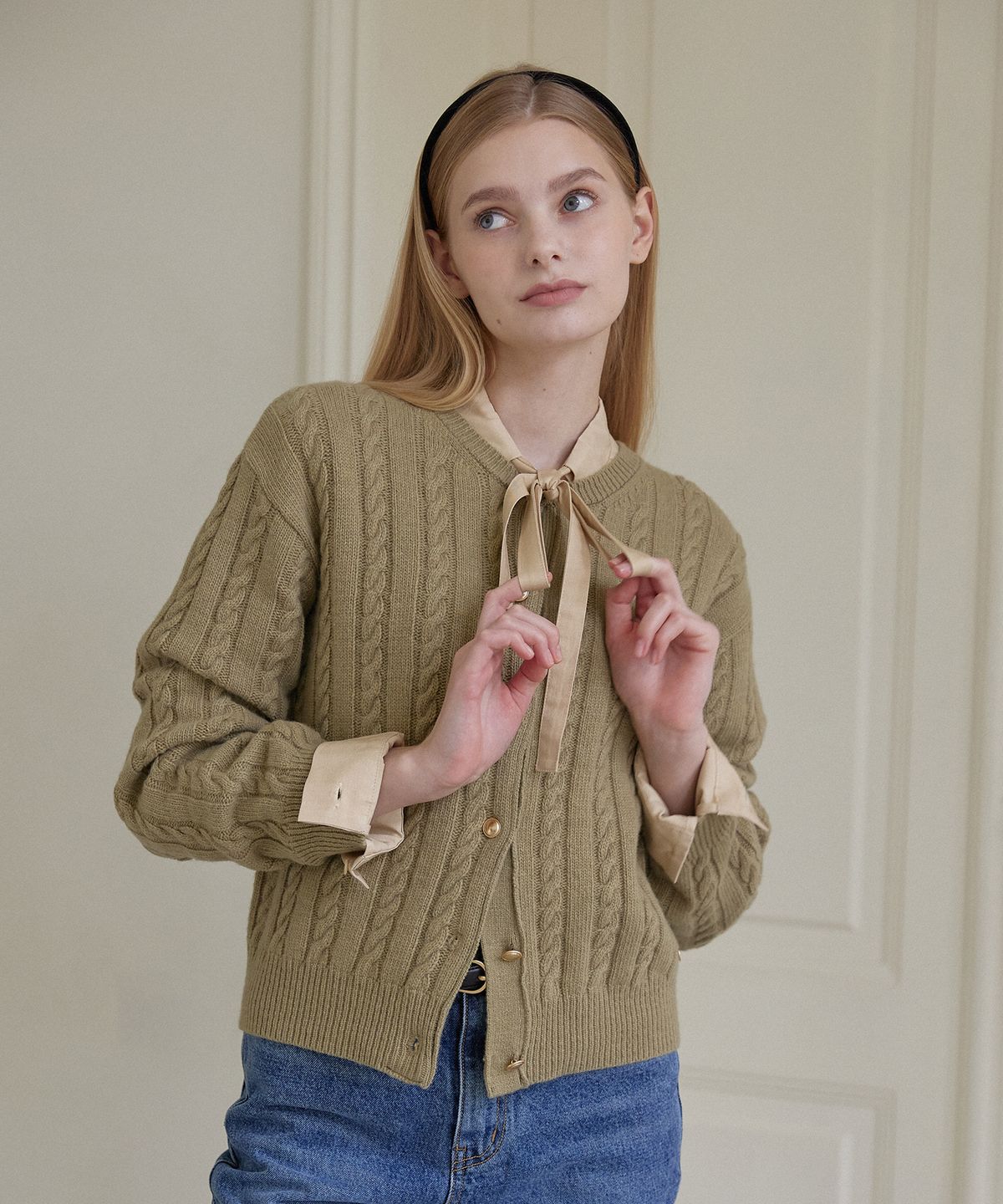 논로컬(NONLOCAL) Wool Cable Knit Cardigan - Olive Green