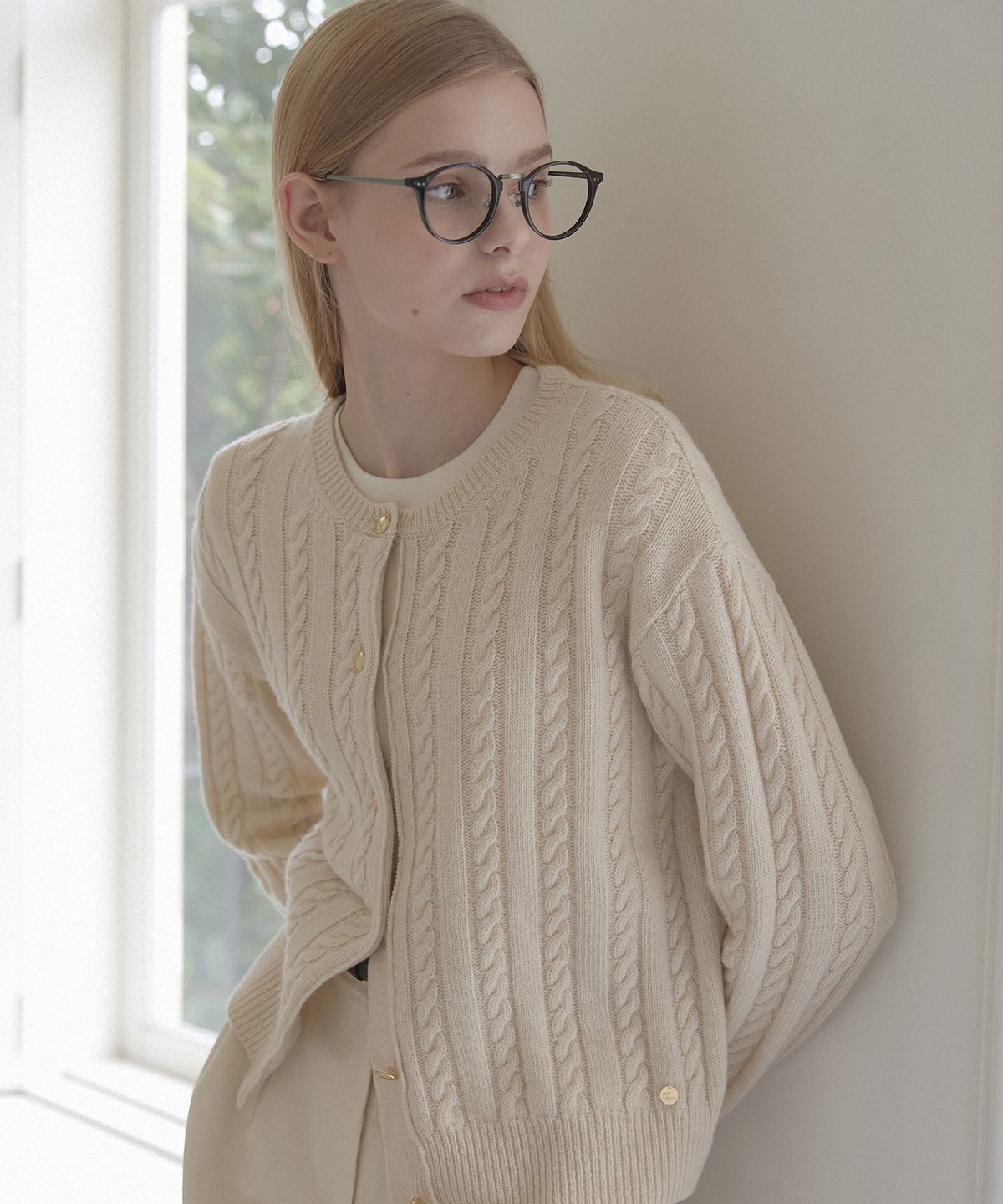 논로컬(NONLOCAL) Wool Cable Knit Cardigan - Ivory