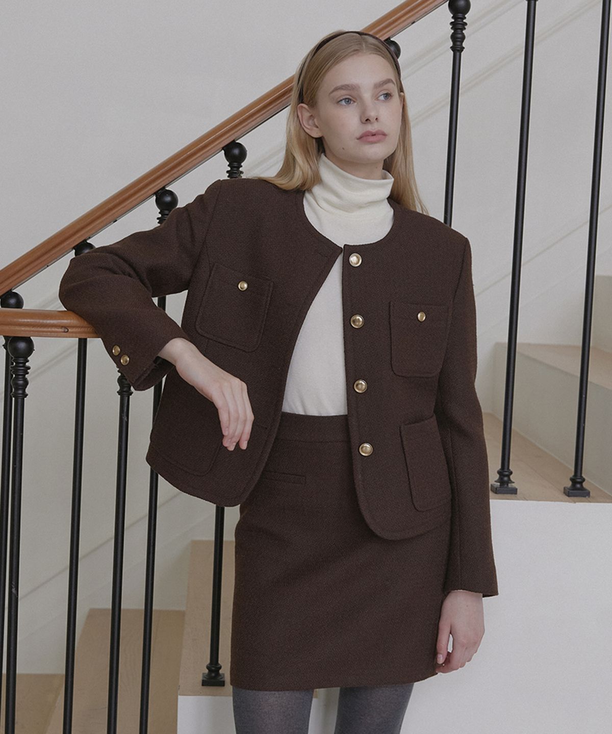 논로컬(NONLOCAL) Jane Tweed Goldish Jacket - Brown