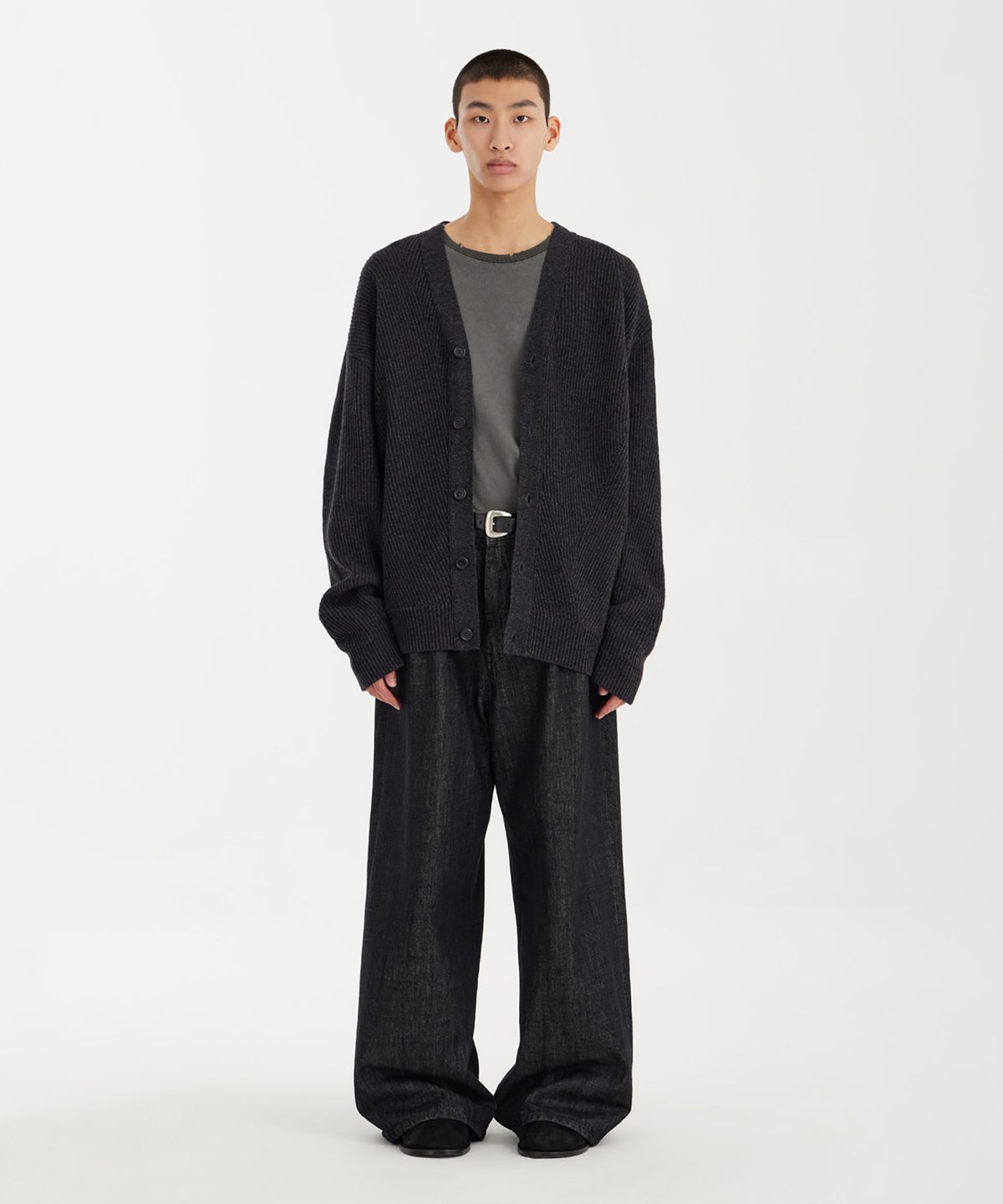 유스(YOUTH) Oversized Irregular Knit Cardigan - Charcoal Grey