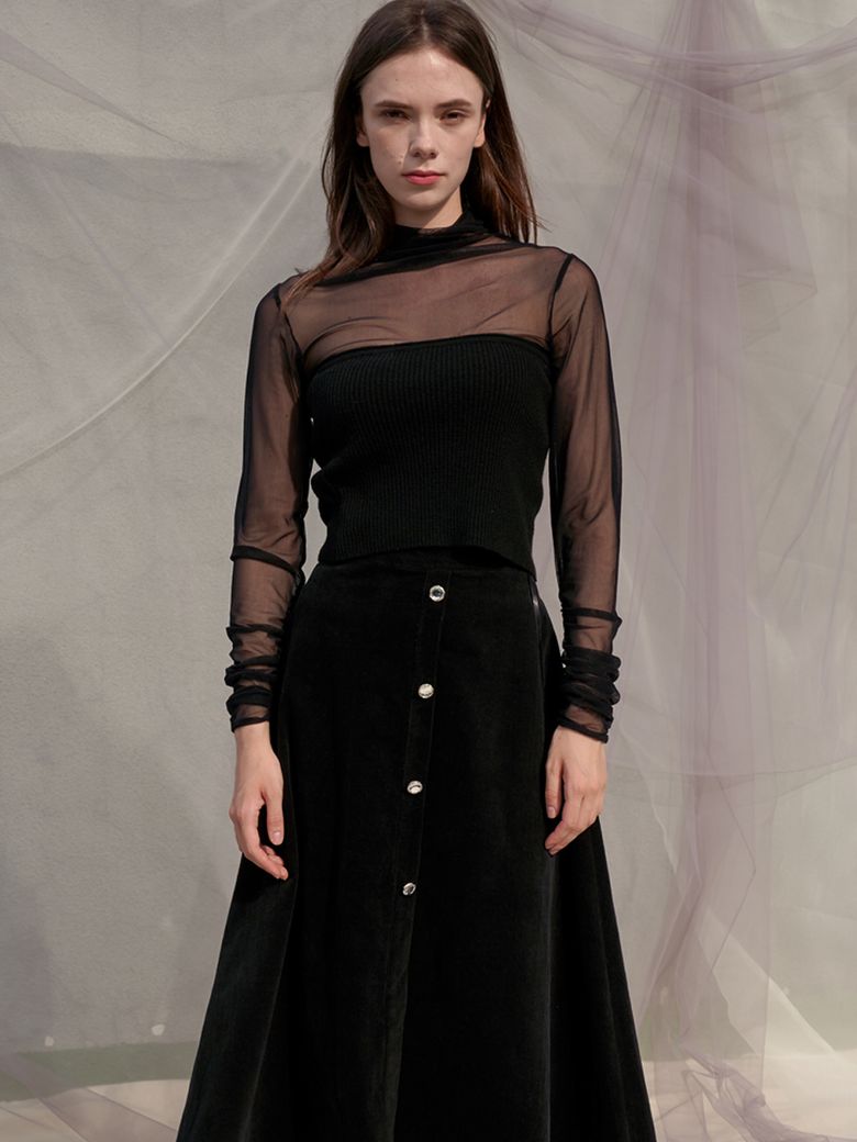 Sleeve Shirring See Through Turtleneck Top_Black