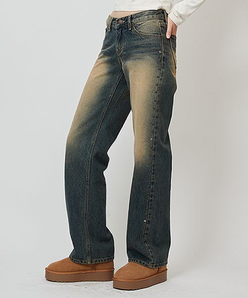 MUSINSA | CRANK Low rise studded denim pants_blue