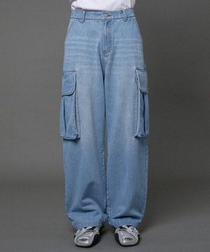 빅 포켓 워시드 카고 데님 팬츠 라이트블루