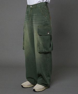 빅 포켓 워시드 카고 데님 팬츠 카키