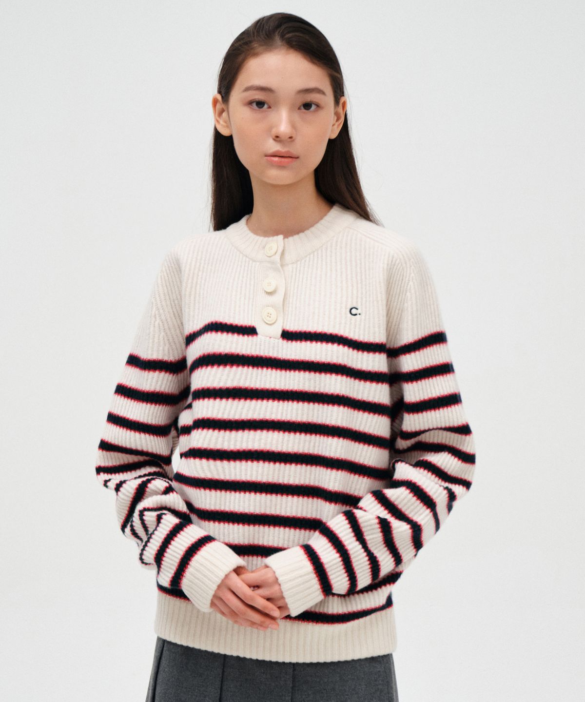 클로브(CLOVE) [23FW clove] Henry Neck Stripe Knit (Ivory)