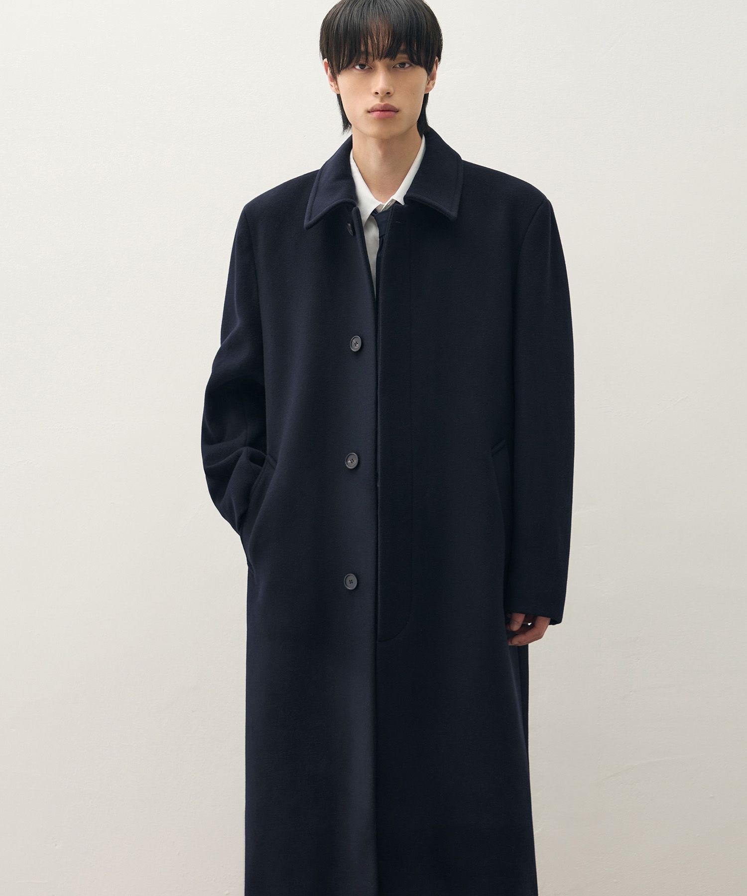 MUSINSA | DRAW FIT Premier Wool Balmacaan Chester Coat [NAVY]