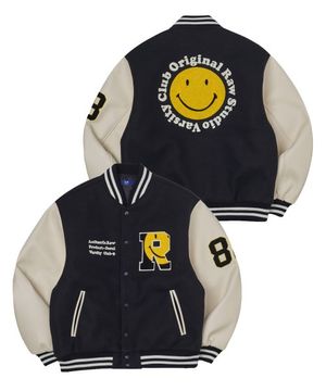 R 스마일 마스코트 바시티자켓 (블랙)