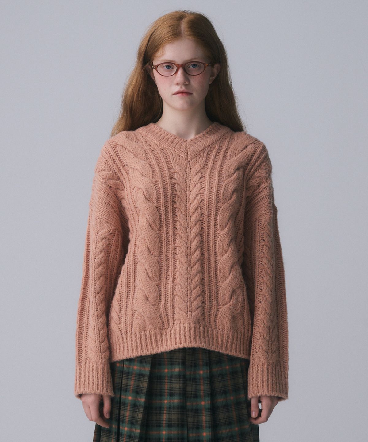 펀프롬펀(FUNFROMFUN) V-NECK CABLE KNIT PULLOVER, APRICOT