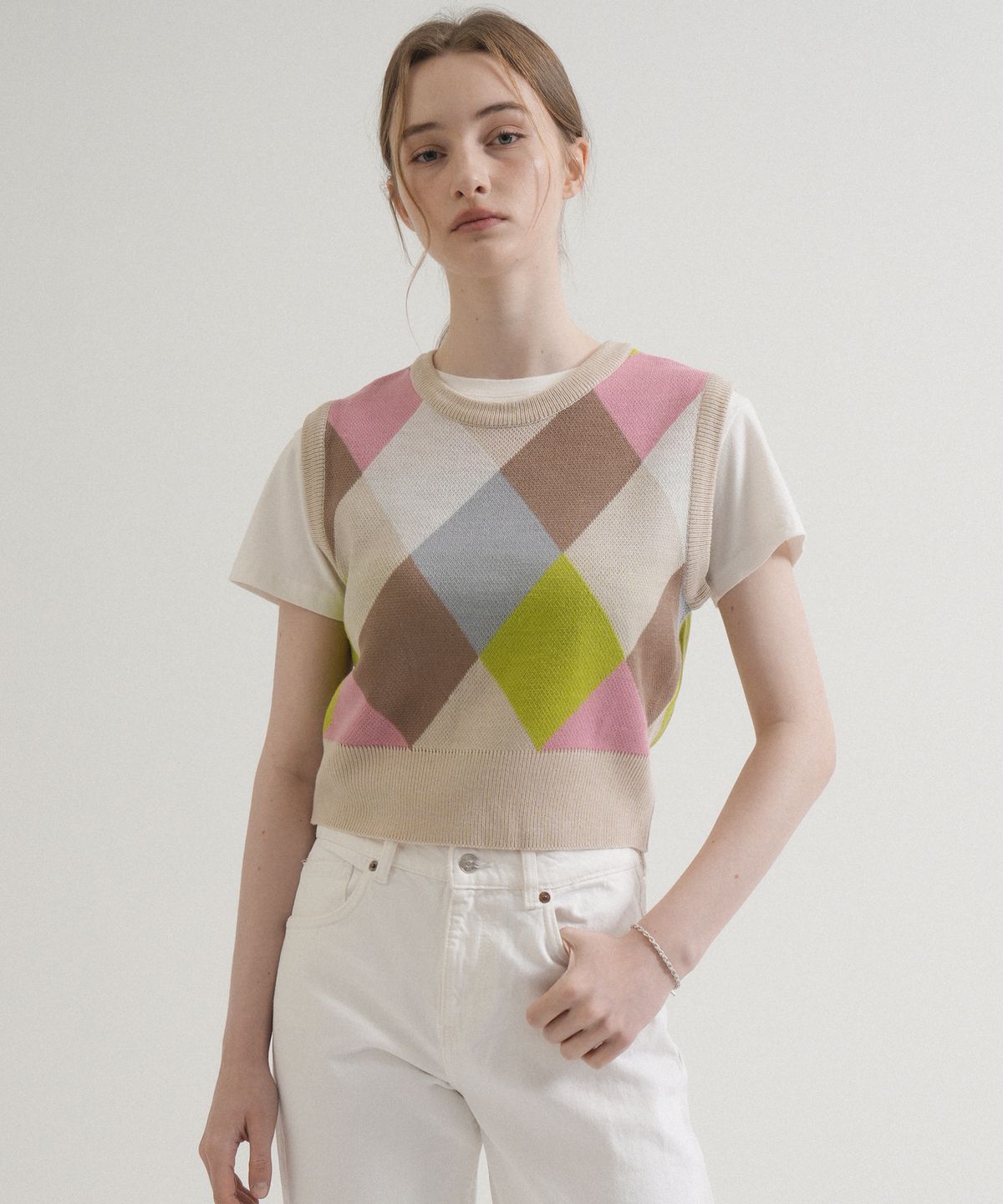 블레티(VLETI) Round Coloration Knit Vest (Beige)