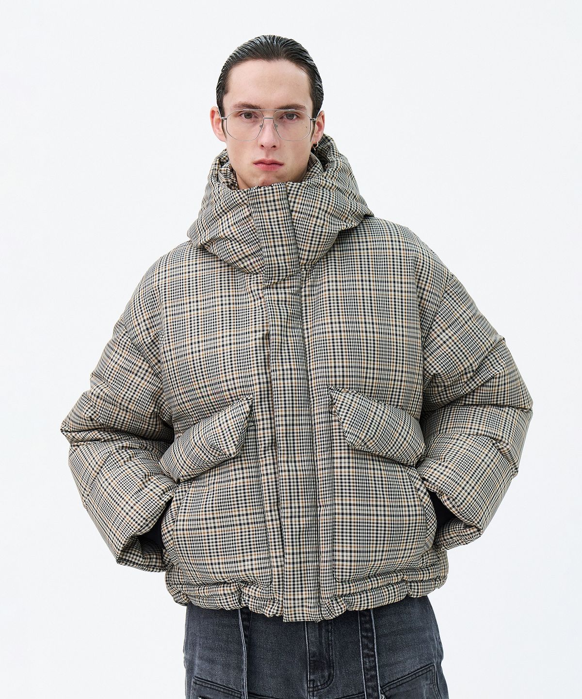 이에이(IEY) MN HOODIE DOWN JACKET Check Beige