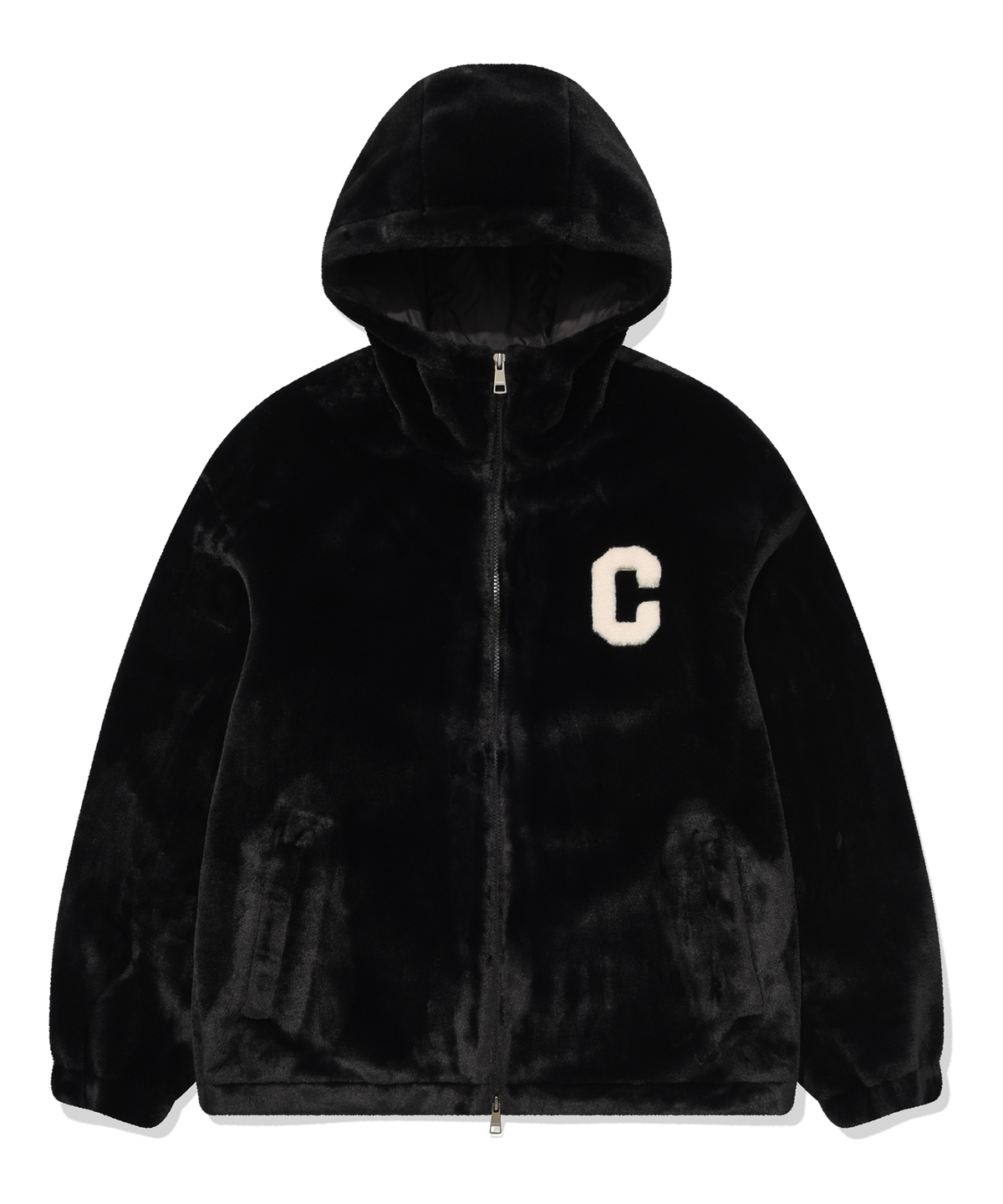 커버낫(COVERNAT) C 로고 밍커 보아 후디 집업 자켓 블랙