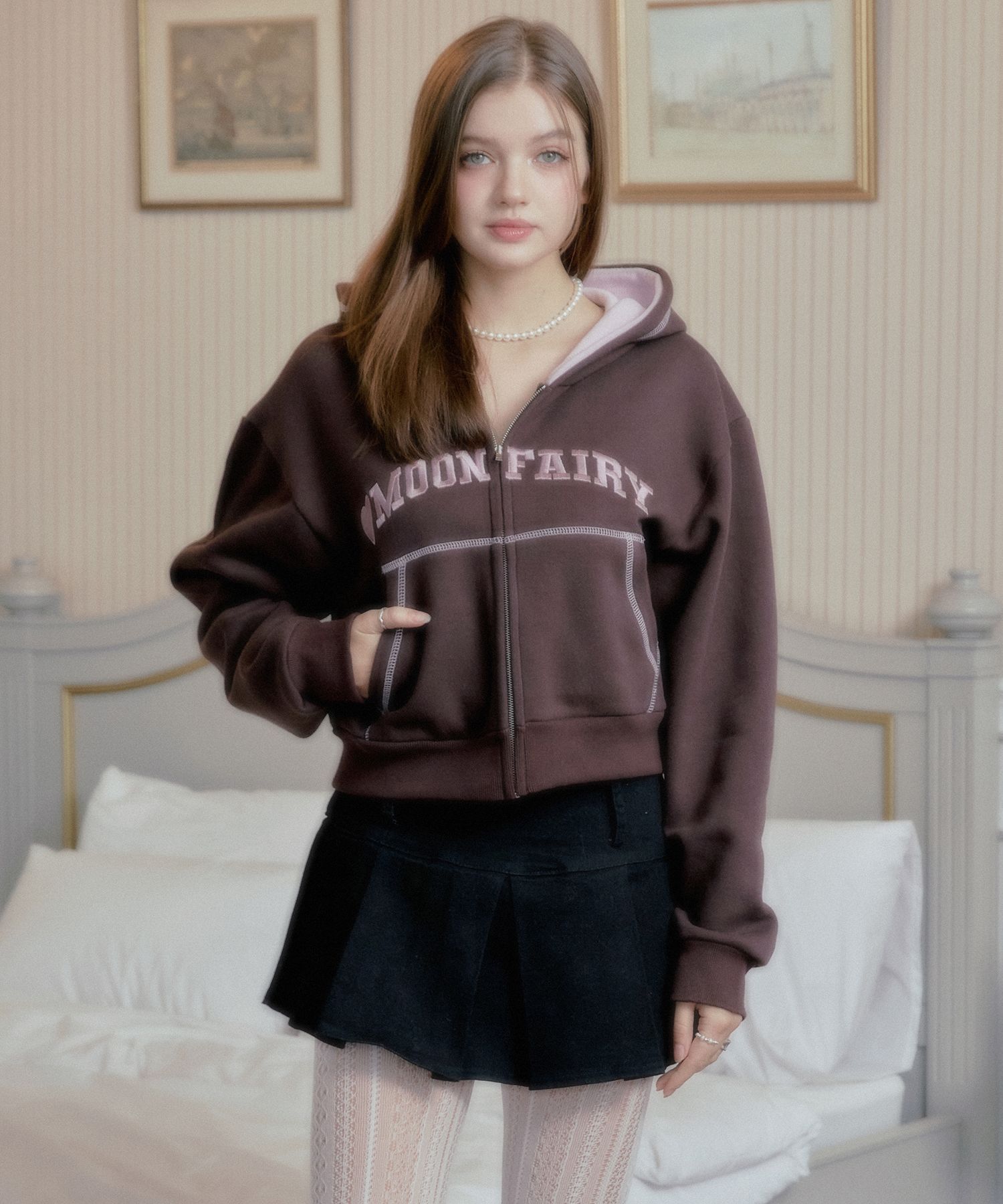 ◆MOON FAIRY MF PINKY ステッチクロップフードZIP UP/2色◆ ◇MOON FAIRY MF PINKY ステッチクロップフードZIP UP/2色