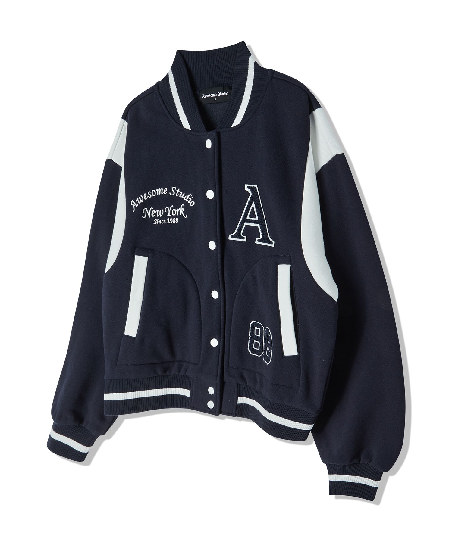 MUSINSA公式 | AWESOME STUDIO Varsity sweat jacket dark navy