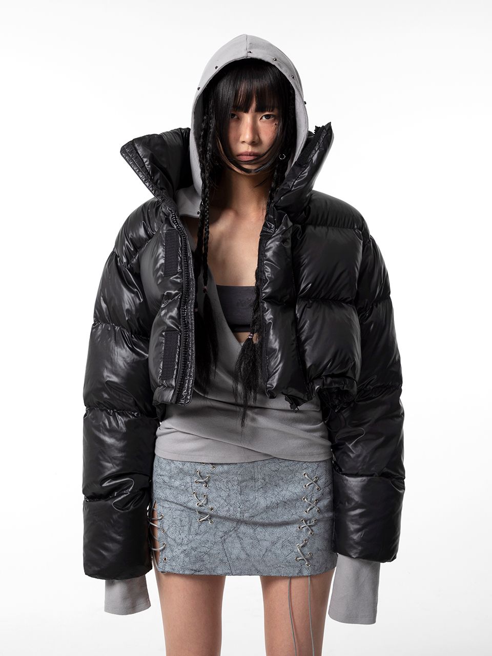 ■韓国:限定品■[LEEY]EMBROIDERED CROP PUFFER JACKET BLACK MUSINSA | L.E.E.Y EMBROIDERED CROP PUFFER JACKET BLACK