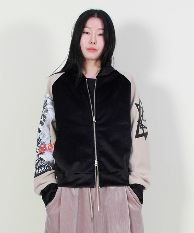 벨벳 합포 펑키 스트릿 라이더 점퍼 베이지&블랙