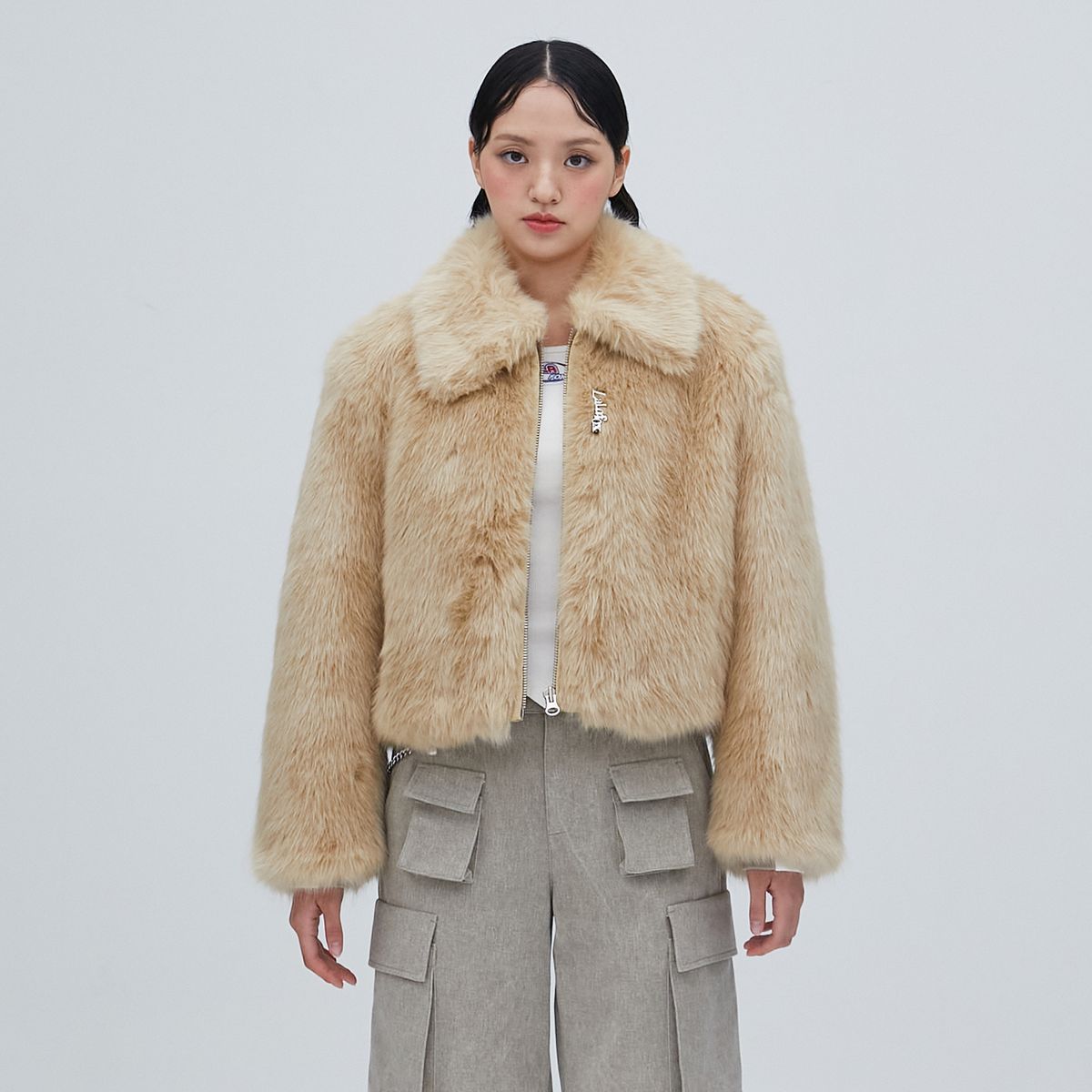 라라폭스(LALAFOX) FUR COLLAR JIP-UP JACKET BEIGE BP4FJ002