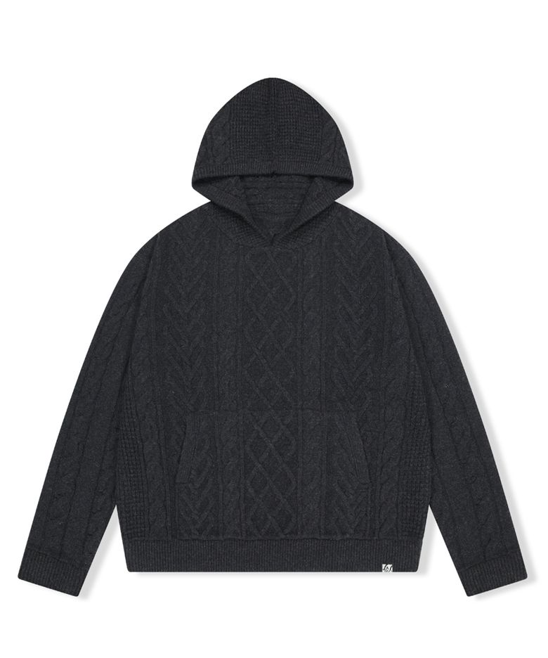 Hooded Cable Knit Pullover Charcoal