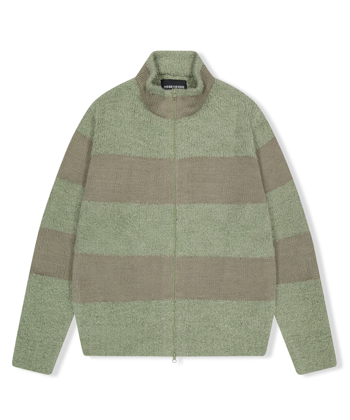 예스아이씨(YESEYESEE) Y.E.S Stripe Zip-up Knit Cardigan Sage Green