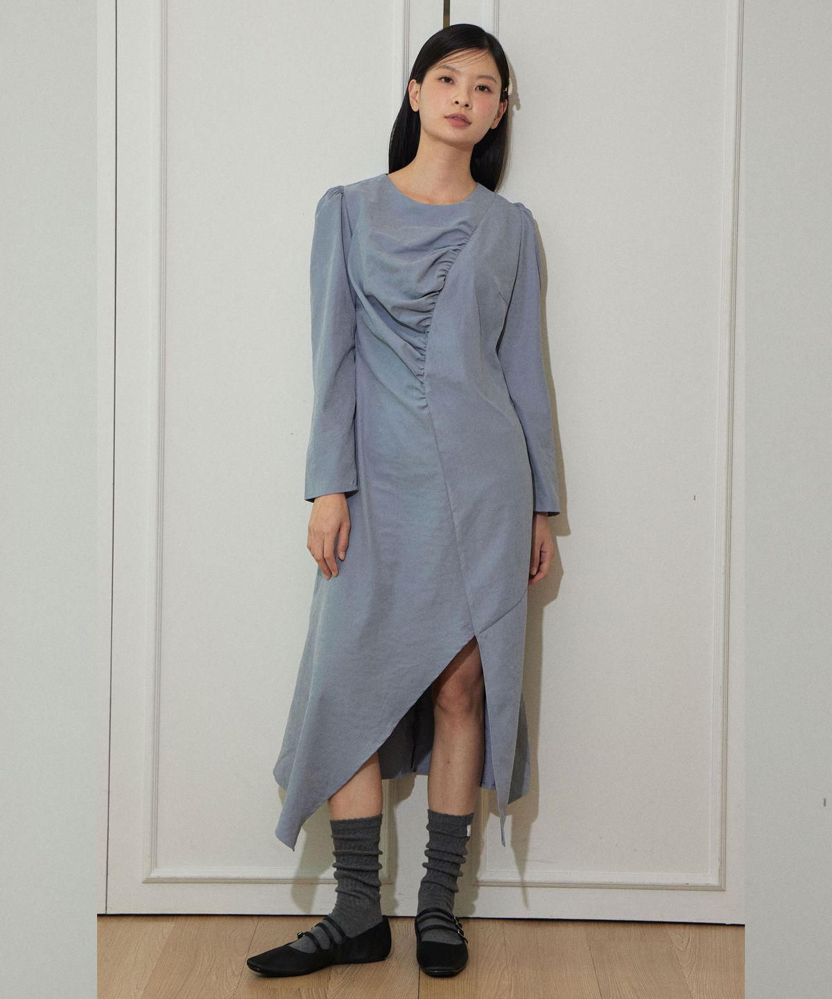 딜라이디(DELIDI) Alluring shirring dress (blue gray)