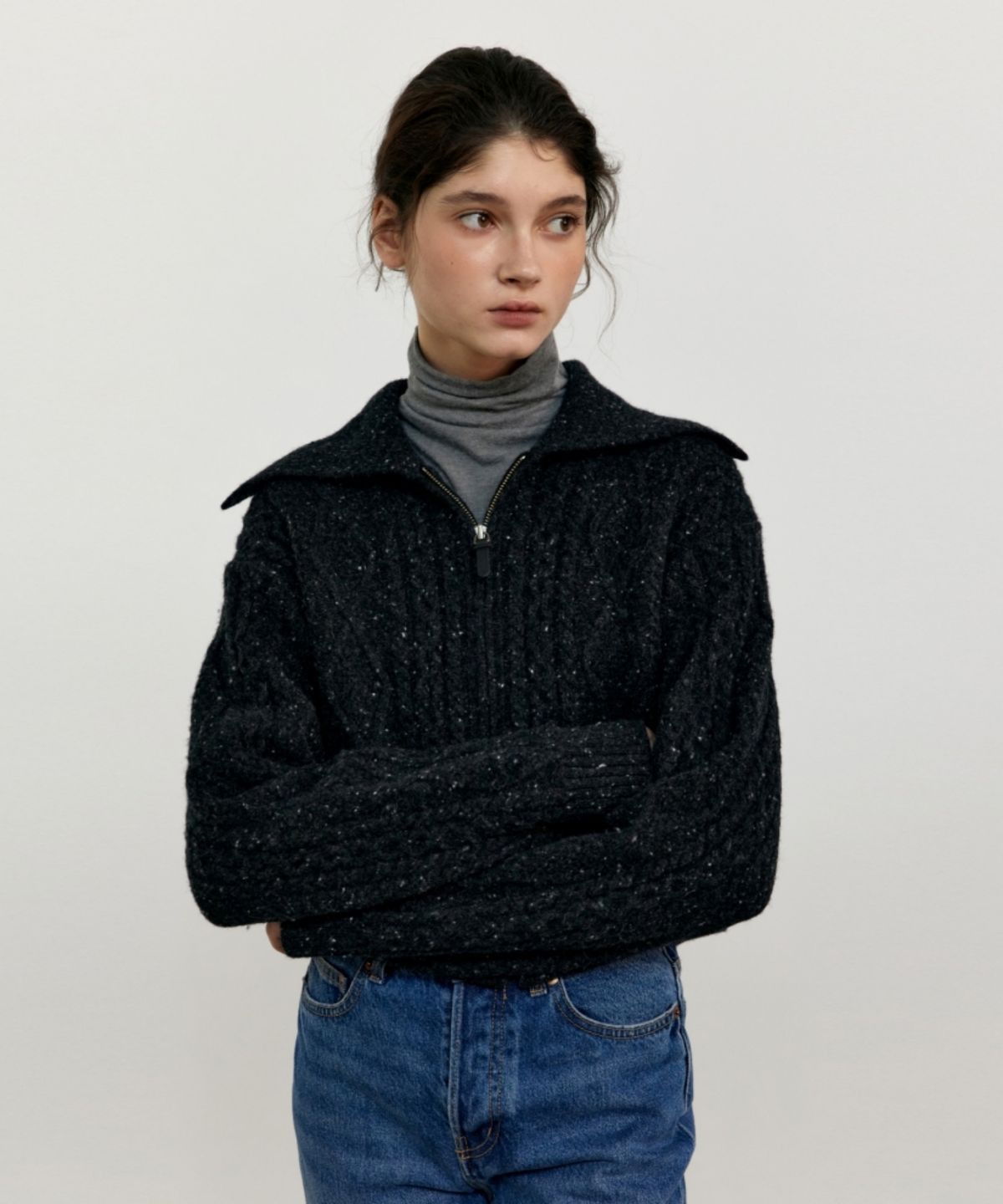 어나우트(UNNOUT) CABLE ZIP UP WOOL KNIT CARDIGAN - BLACK