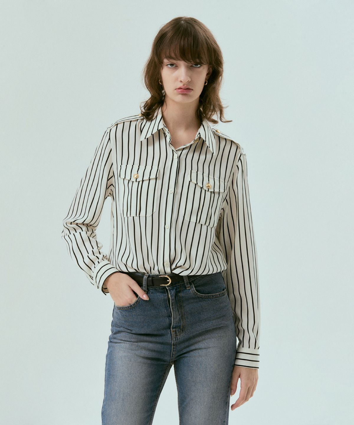 실른(SILN) Epaulet stripe silky shirts (IVORY STRIPE)