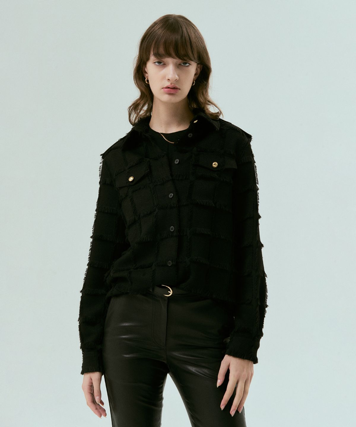 실른(SILN) Epaulet tassel check shirts (BLACK)