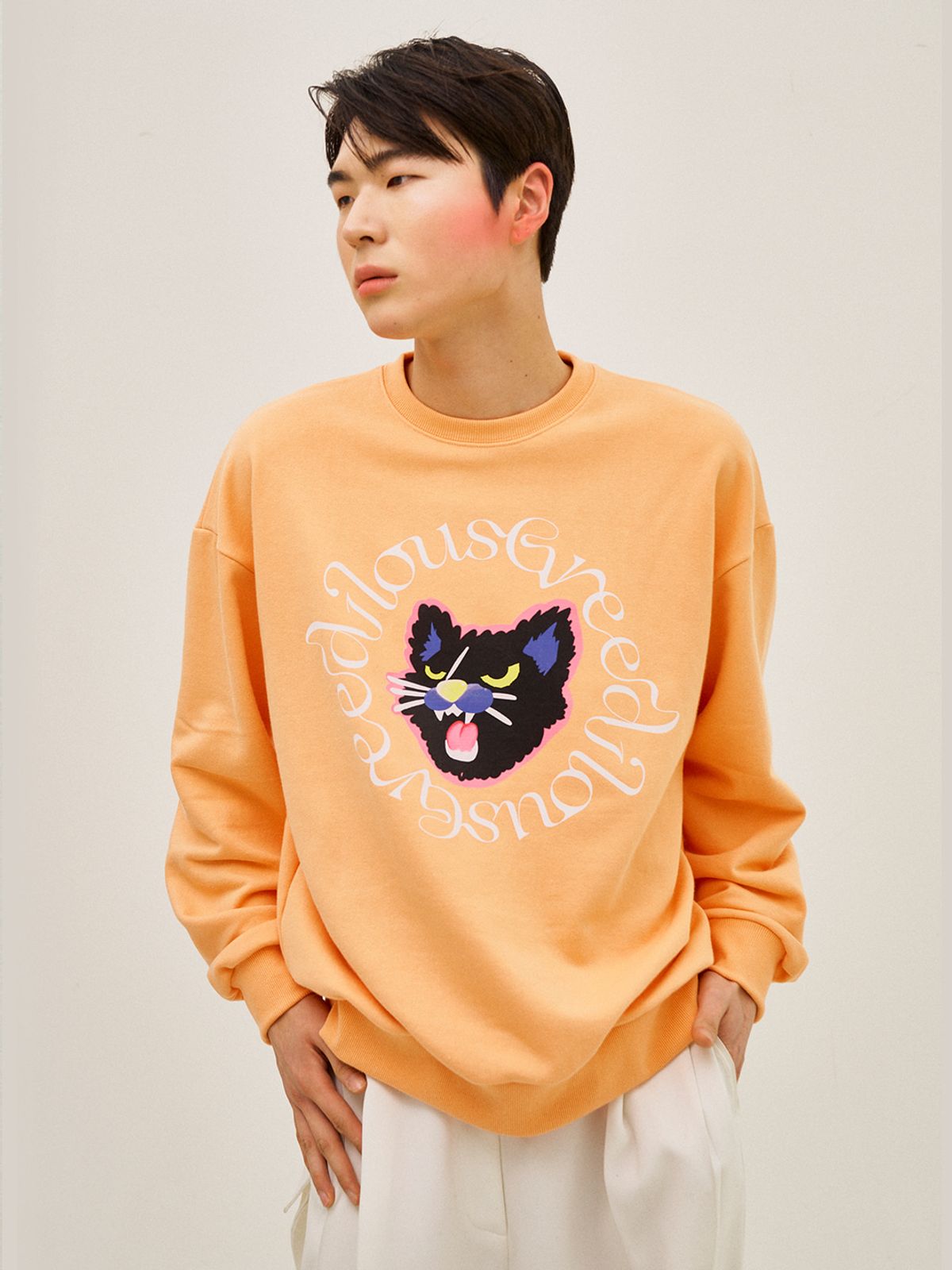 그리디어스(GREEDILOUS) Cat Print Loose Sweater Top Orange