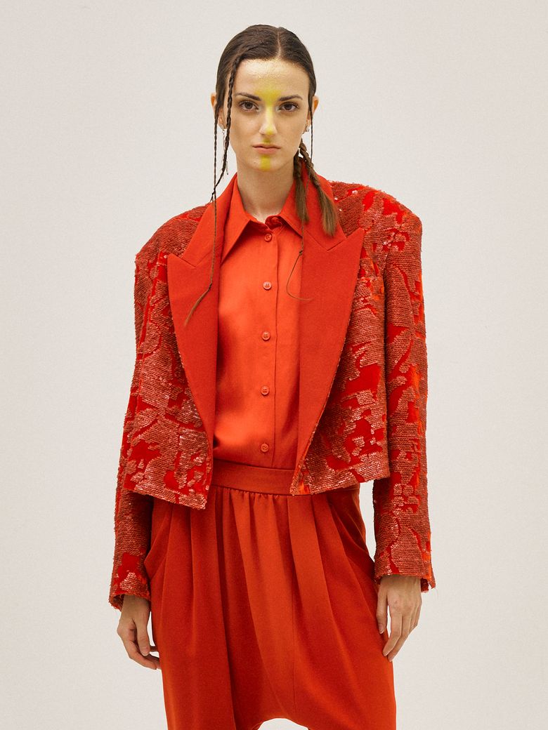 Sequined Crop Jacket With Thin Lapels