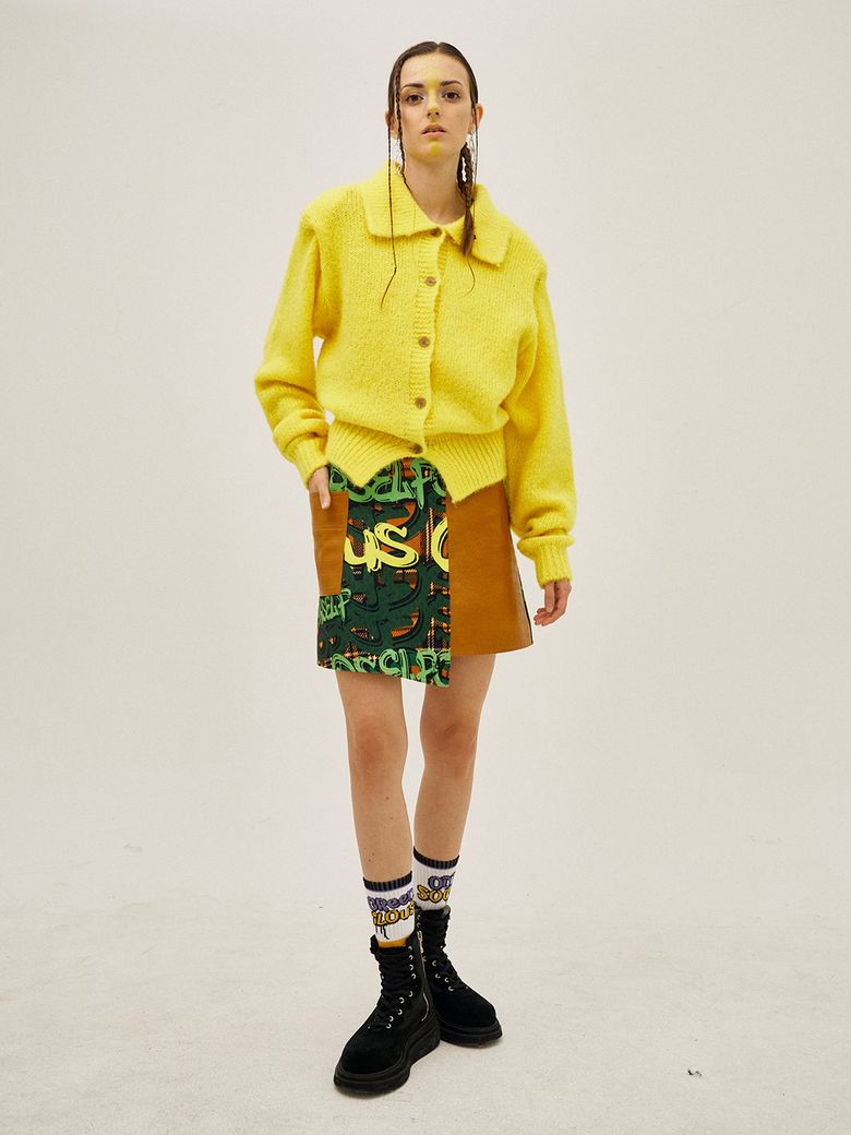 Green Logo Leather Contrast Mini-Skirt
