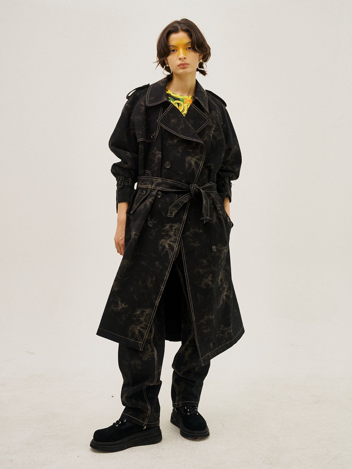 그리디어스(GREEDILOUS) Marbeled Print Denim Trench
