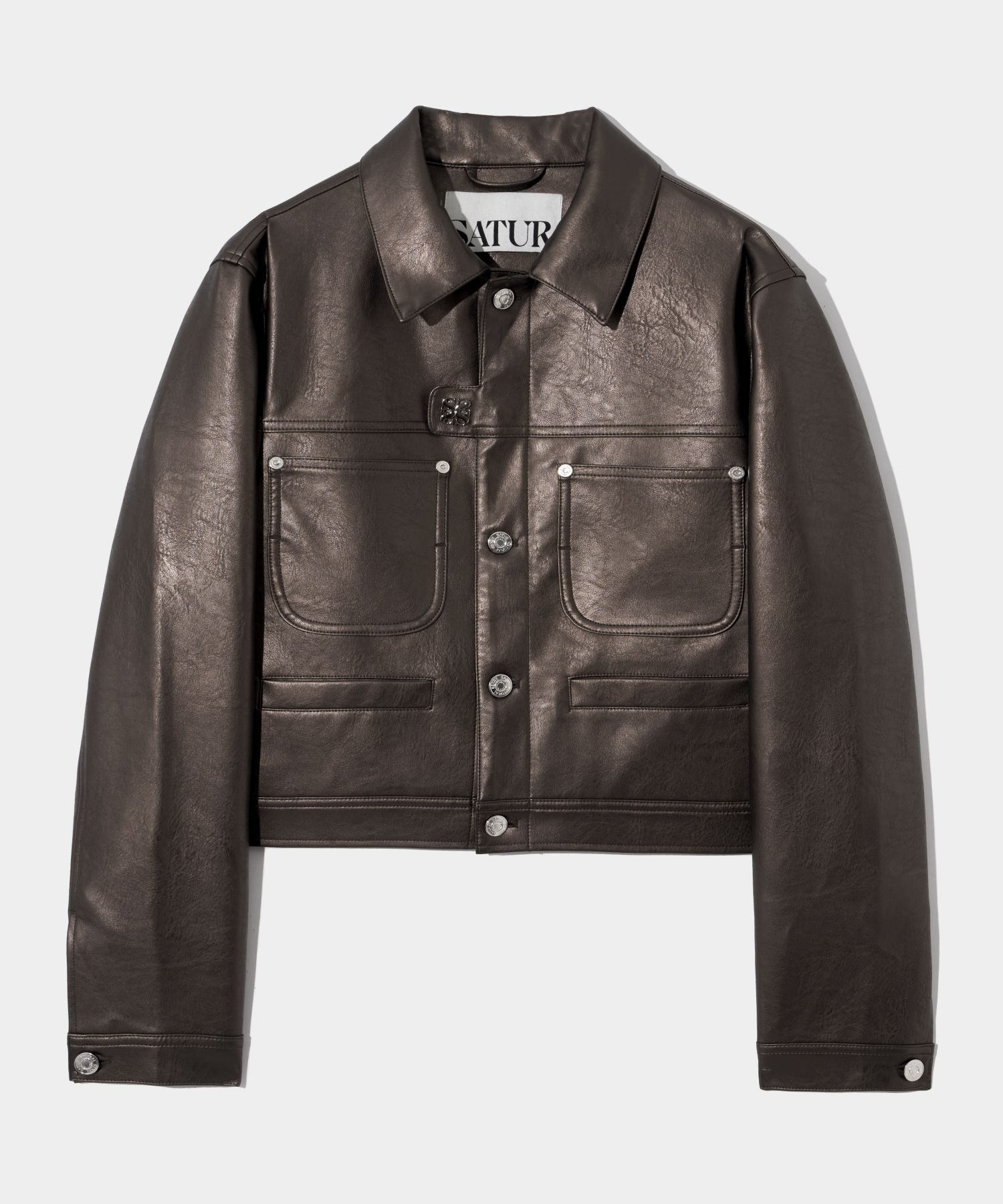 MUSINSA | SATUR (W) Symbol Brooch Fox Leather Jacket Glossy Brown