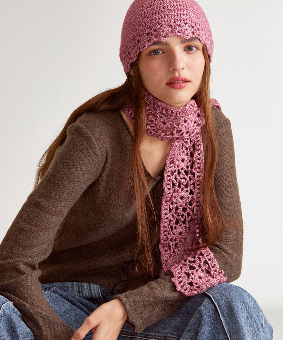메리모티브(MERRYMOTIVE) Handmade crochet knitted scarf (Melange pink)
