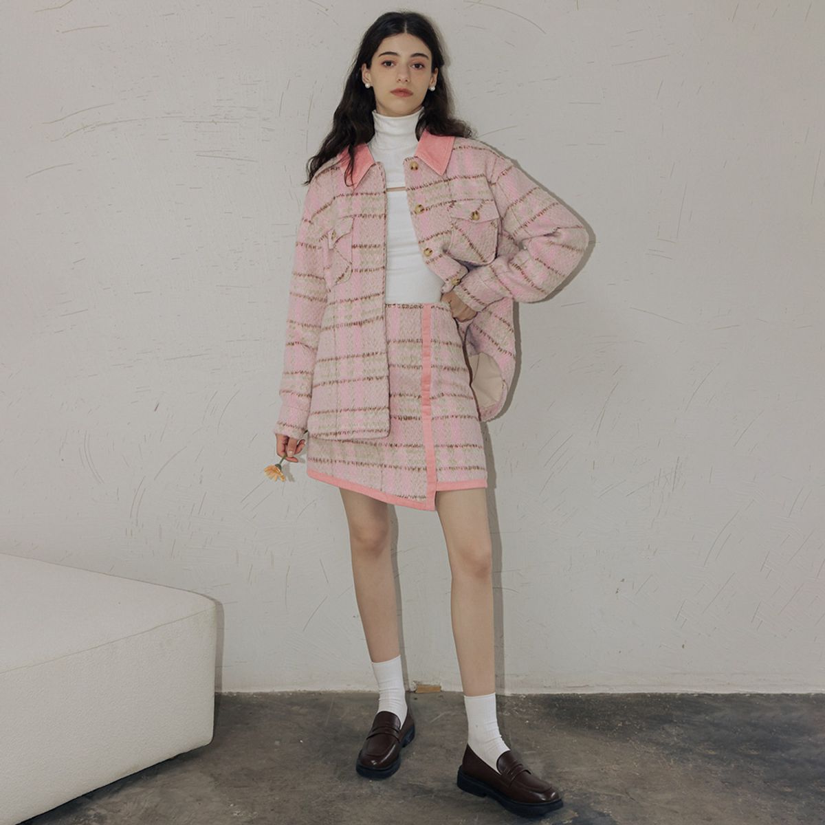 던드롭(DUNDROP) DD_Pink plaid tweed skirt